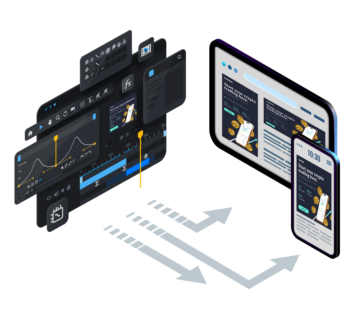 After Effects timeline and effect panels turning into the same banner running on a tablet and a phone